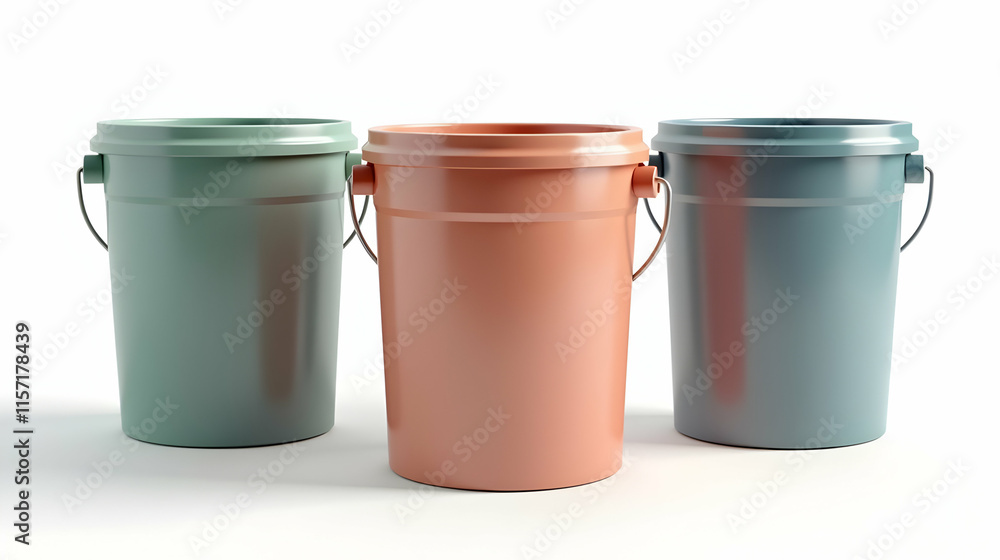 Three pastel-colored buckets stand in a row, a simple yet visually appealing composition against a stark white background. Clean lines and muted tones create a calm aesthetic. Three pastel-colored buckets stand in a row, a simple yet visually appealing composition against a stark white background. Clean lines and muted tones create a calm aesthetic.