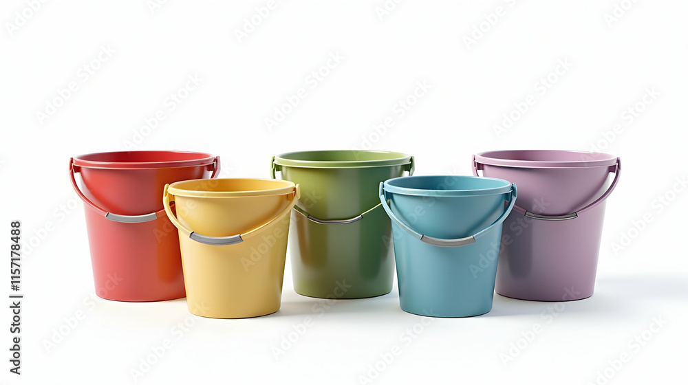 Five vibrant buckets in a row, showcasing a spectrum of cheerful colors against a stark white backdrop. A cheerful, simple image. Five vibrant buckets in a row, showcasing a spectrum of cheerful colors against a stark white backdrop. A cheerful, simple image.