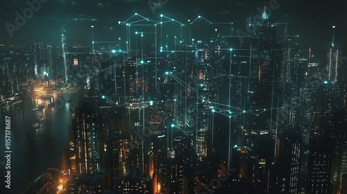 Wallpaper Mural Smart digital Innovation city with connection network reciprocity over the cityscape. of future smart wireless digital city and social media networking systems that connects people with in city Torontodigital.ca