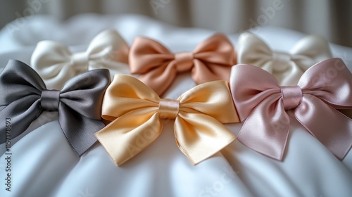 Pastel satin bows on white fabric. photo