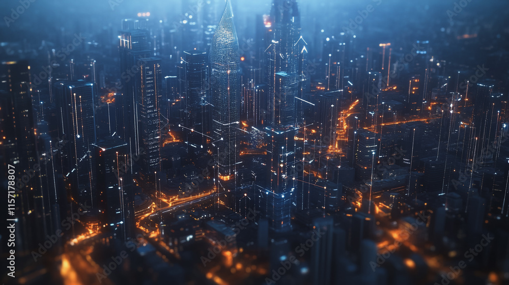 Fototapeta premium Smart digital Innovation city with connection network reciprocity over the cityscape. of future smart wireless digital city and social media networking systems that connects people with in city