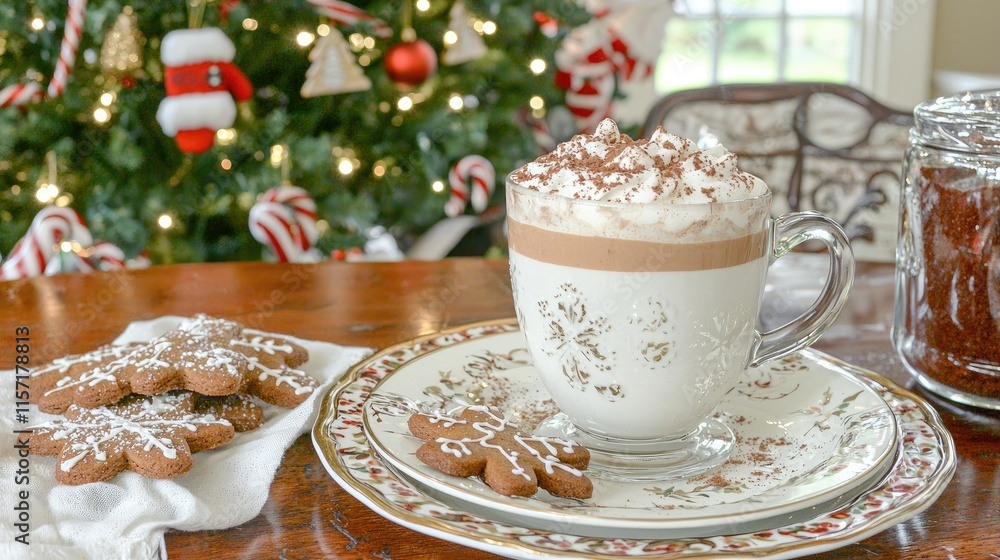 Festive hot chocolate with whipped cream and gingerbread cookies by a Christmas tree. Festive hot chocolate with whipped cream and gingerbread cookies by a Christmas tree.