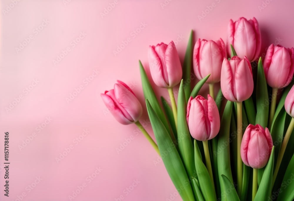 Pink tulips bouquet on pink background. Springtime flowers. Romantic image. Springtime aesthetic. Festive springtime arrangement. Perfect for cards. Floral design. Springtime decor. Greeting card. Pink tulips bouquet on pink background. Springtime flowers. Romantic image. Springtime aesthetic. Festive springtime arrangement. Perfect for cards. Floral design. Springtime decor. Greeting card.