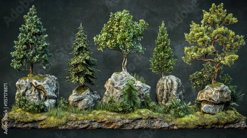 Five diverse trees on rocks, nature scene.