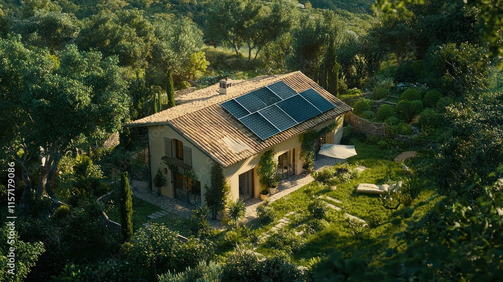 Eco-friendly villa with solar panels nestled in lush greenery. Eco-friendly villa with solar panels nestled in lush greenery.