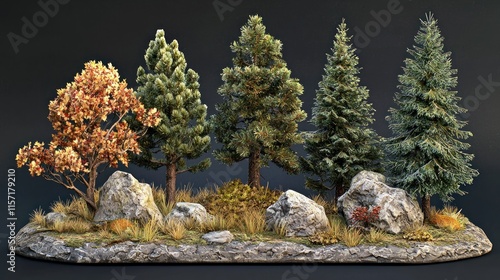 Five miniature trees on a rock base, showcasing various foliage colors and textures.