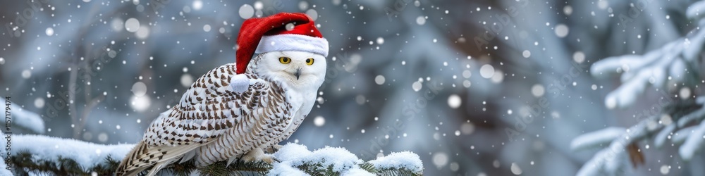 white owl in santa claus hat sits on tree in winter. white owl in santa claus hat sits on tree in winter.