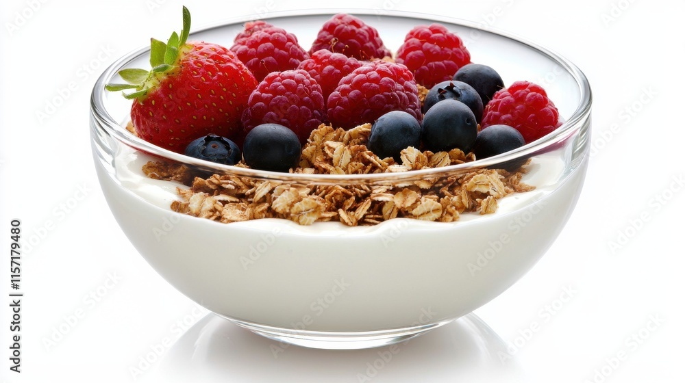 Healthy Granola Bowl with Fresh Berries and Yogurt on Table Healthy Granola Bowl with Fresh Berries and Yogurt on Table