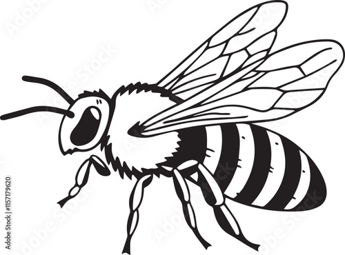 Black silhouette Bee icon logo for kids coloring drawing book in white background