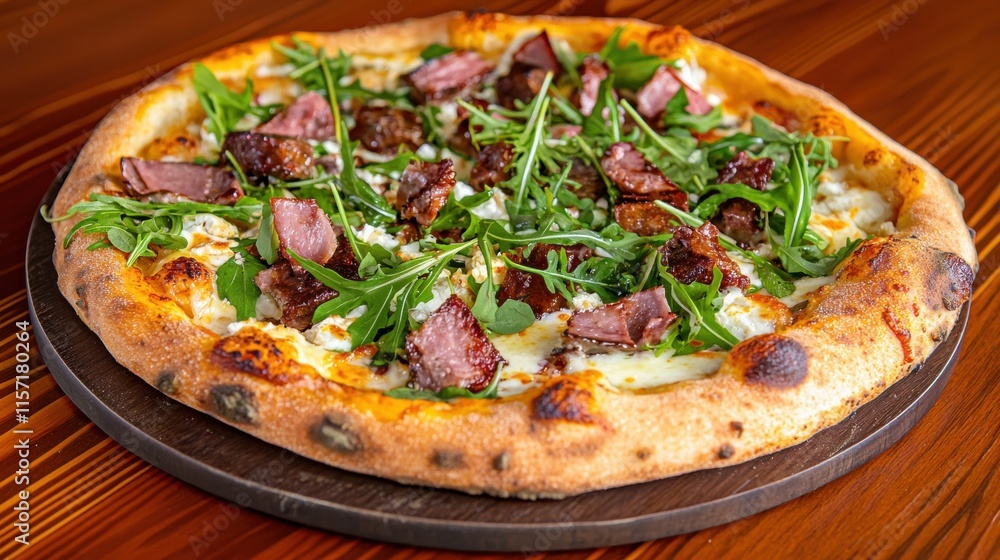 Delectable Italian Pizza with Meat Toppings and Fresh Greens on Wooden Table Delectable Italian Pizza with Meat Toppings and Fresh Greens on Wooden Table
