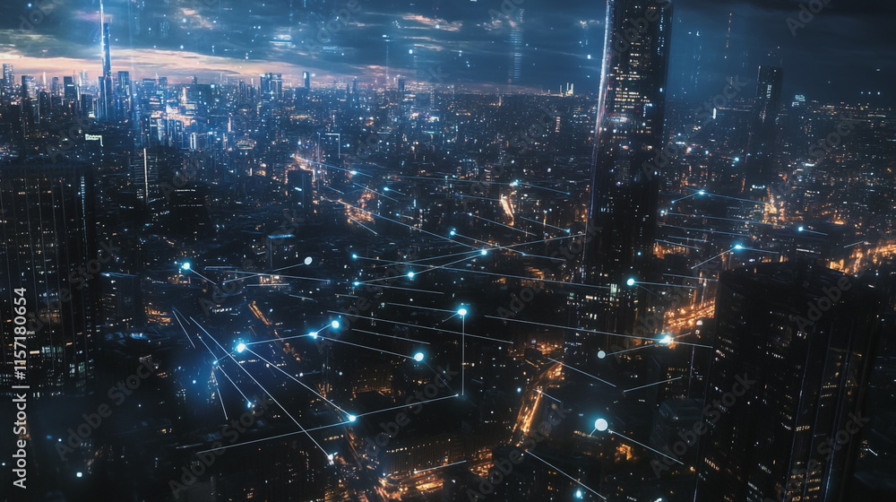 Smart digital Innovation city with connection network reciprocity over the cityscape. of future smart wireless digital city and social media networking systems that connects people with in city Smart digital Innovation city with connection network reciprocity over the cityscape. of future smart wireless digital city and social media networking systems that connects people with in city