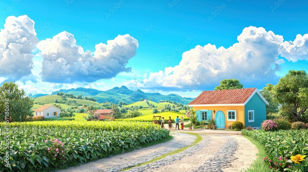 Fototapeta premium A colorful cottage amidst lush fields and blue skies, creating a serene rural landscape.