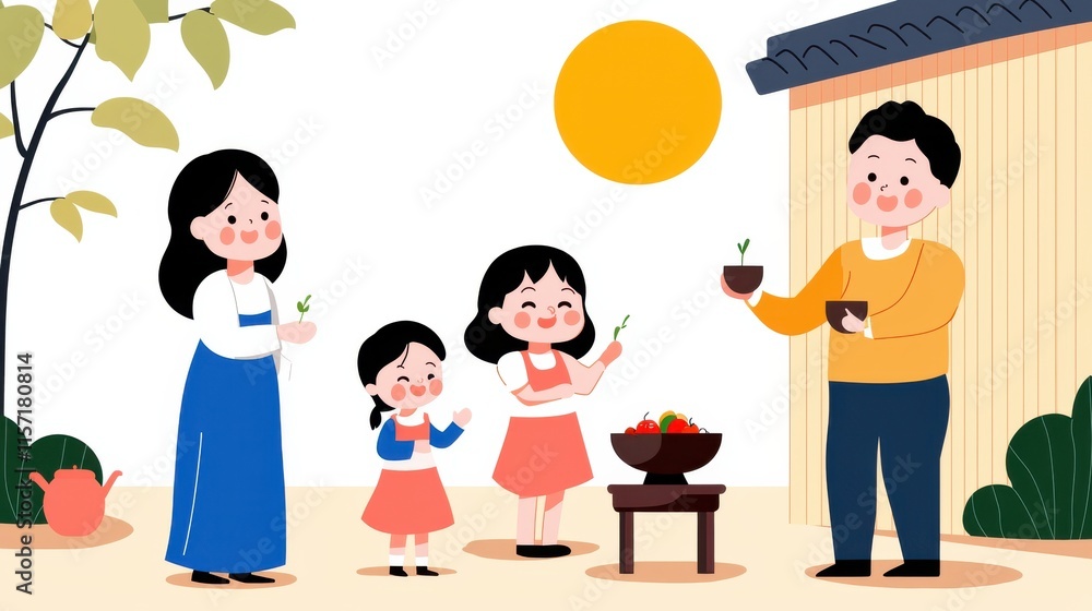 Family Enjoying Time in Backyard Garden on Sunny Day Family Enjoying Time in Backyard Garden on Sunny Day