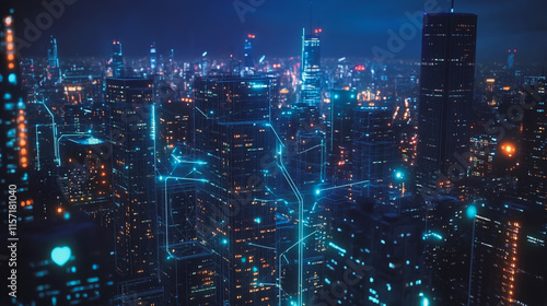 Wallpaper Mural Smart digital Innovation city with connection network reciprocity over the cityscape. of future smart wireless digital city and social media networking systems that connects people with in city Torontodigital.ca