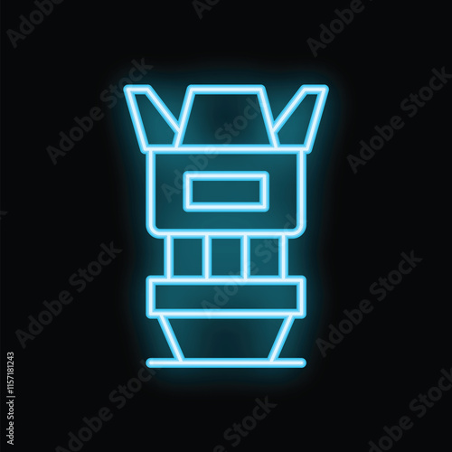 Blue neon icon of a camera lens is glowing with its aperture blades open against a black background