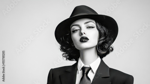Businesswoman wearing oversized suit, tie, and hat posing in black and white