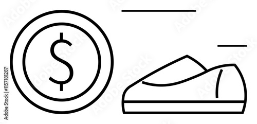 Dollar sign on coin next to sneaker drafting in linear style. Ideal for finance, economics, retail, footwear, fashion industry, business investment, and cost analysis themes. Line metaphor