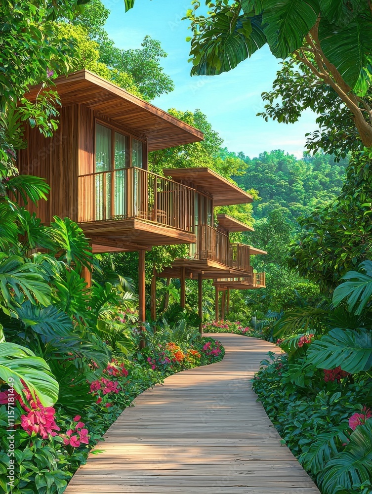 Fototapeta premium Charming wooden cabins nestled in lush tropical greenery along a winding path.
