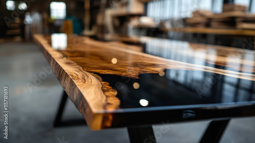 Exquisite wooden table showcasing beautiful resin detailing in a craftsman's workshop photo