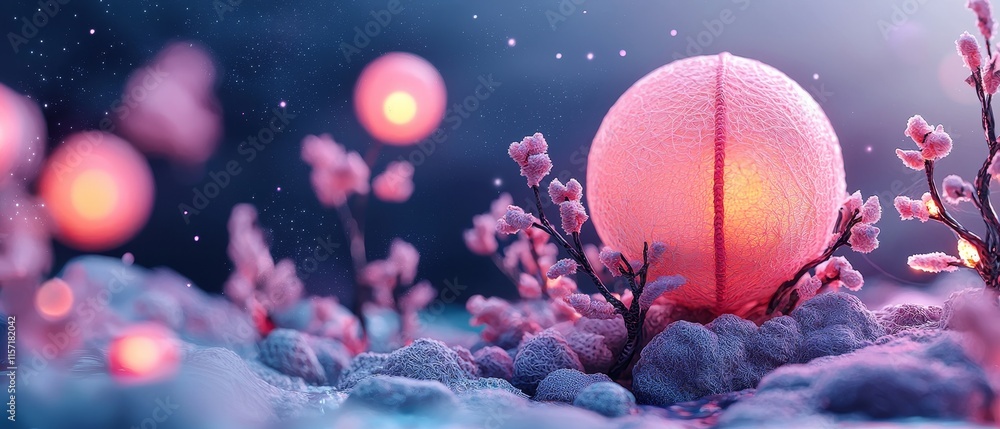 Fototapeta premium Enchanting Pink Lantern Frosty Flowers Dreamy Night Scene