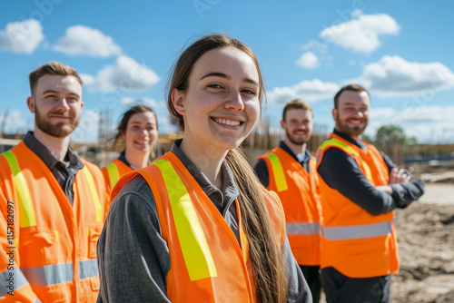 group of young apprentice construction worker staff on site wearing high vis yellow safety vests with blue sky