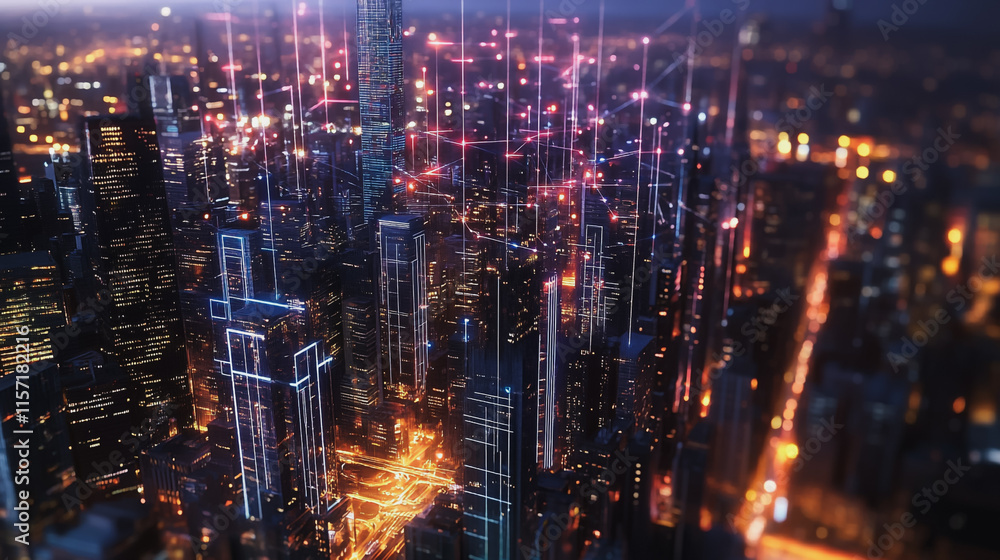 Smart digital Innovation city with connection network reciprocity over the cityscape. of future smart wireless digital city and social media networking systems that connects people with in city