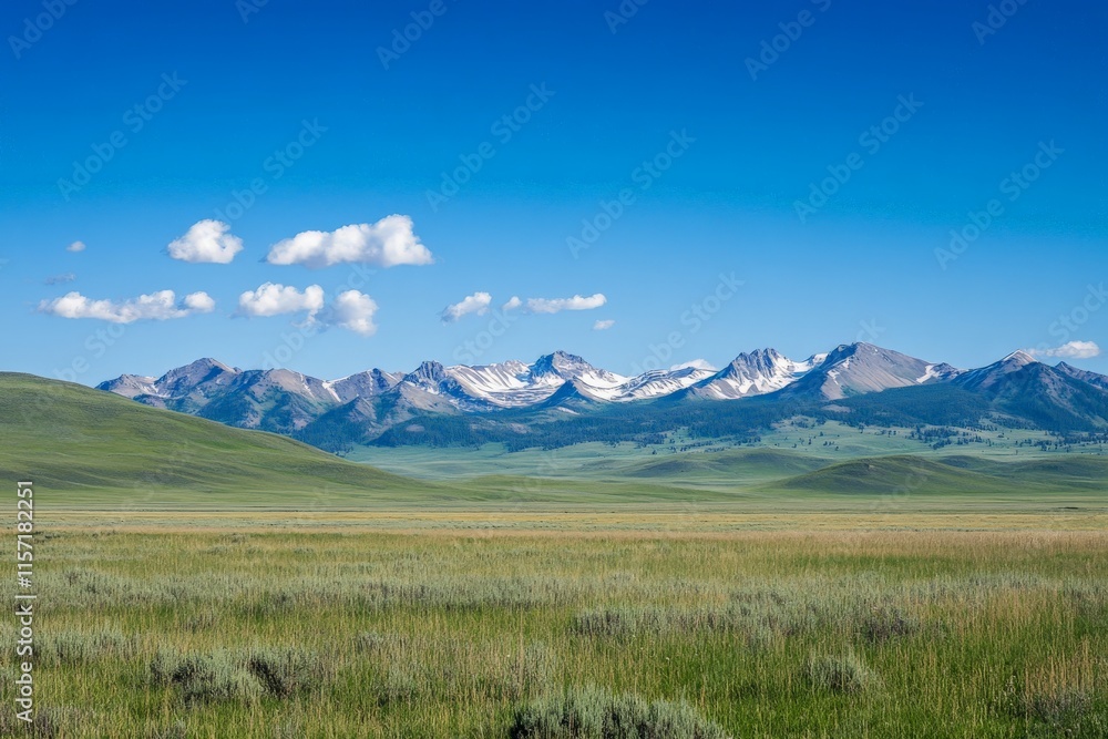 Fototapeta premium A stunning vista of a mountain range with snow-capped peaks, expansive green meadows, and a clear blue sky, creating a serene and majestic natural landscape.