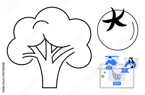 Tree with circular arrow, shoppers interacting with online store interface, buy button. Ideal for eco-friendly shopping, e-commerce, digital retail, online marketing, green technology, sustainable