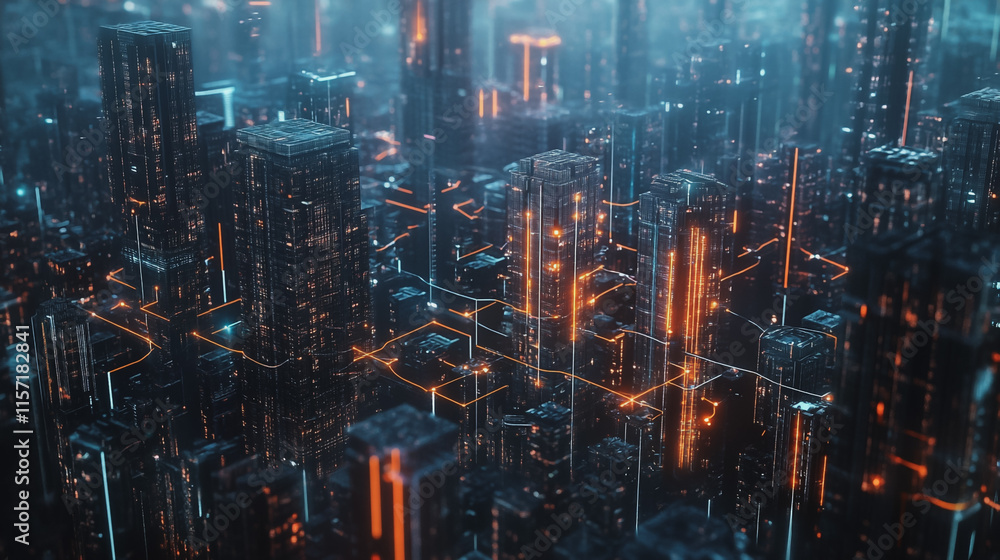 Naklejka premium Smart digital Innovation city with connection network reciprocity over the cityscape. of future smart wireless digital city and social media networking systems that connects people with in city