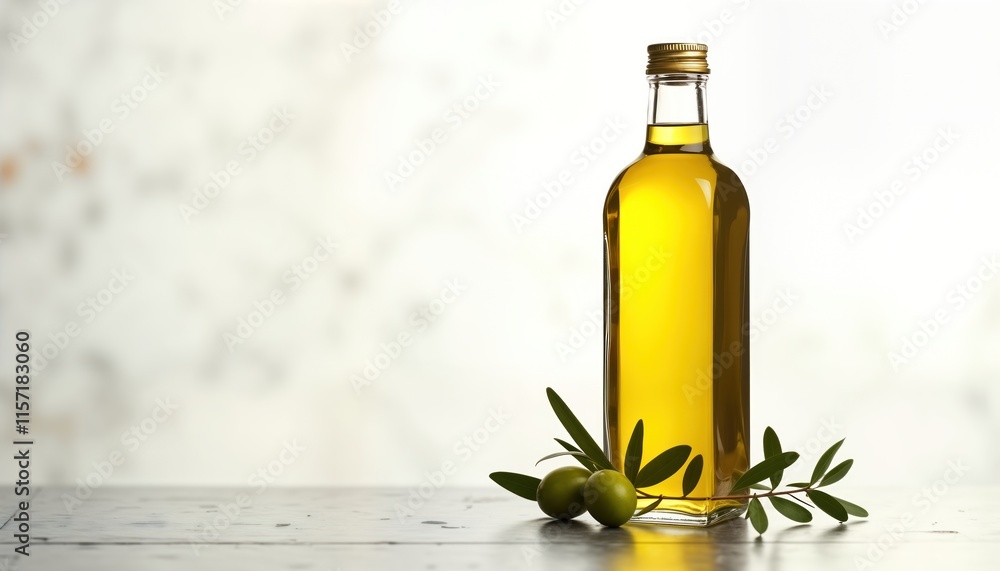 Transparent bottle of yellow olive oil sits on light gray surface. Fresh green olive leaves, two olives rest near bottle. Healthy food ingredient. Italian product. Organic vegetarian cooking. Fresh Transparent bottle of yellow olive oil sits on light gray surface. Fresh green olive leaves, two olives rest near bottle. Healthy food ingredient. Italian product. Organic vegetarian cooking. Fresh