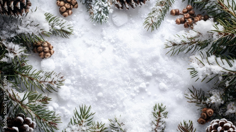 wooden white table with snow and fir tree and cones, berries top view with space for text . wooden white table with snow and fir tree and cones, berries top view with space for text .