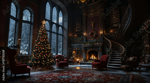 Elegant Christmas Library Fireplace, Tree, Snow, Mansion Interior