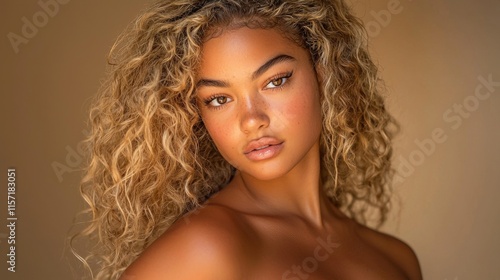 Captivating Curly Haired Blonde Beauty with Radiant Skin and Confident Expression