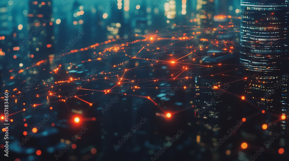 Fototapeta premium Smart digital Innovation city with connection network reciprocity over the cityscape. of future smart wireless digital city and social media networking systems that connects people with in city