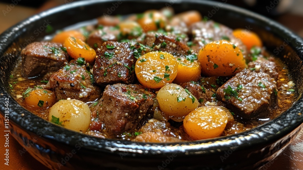 Delicious beef stew with carrots and onions in a rustic bowl. Delicious beef stew with carrots and onions in a rustic bowl.