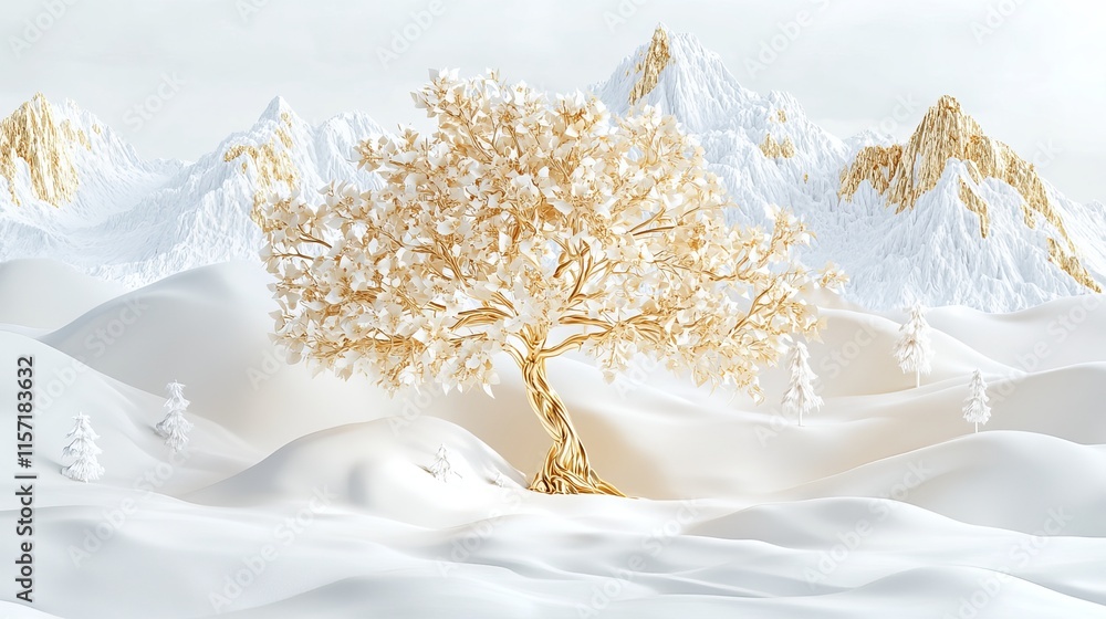 Golden Tree with White Leaves Amid Snow-Capped Mountains with Golden Peaks on a Minimalistic White Background Golden Tree with White Leaves Amid Snow-Capped Mountains with Golden Peaks on a Minimalistic White Background