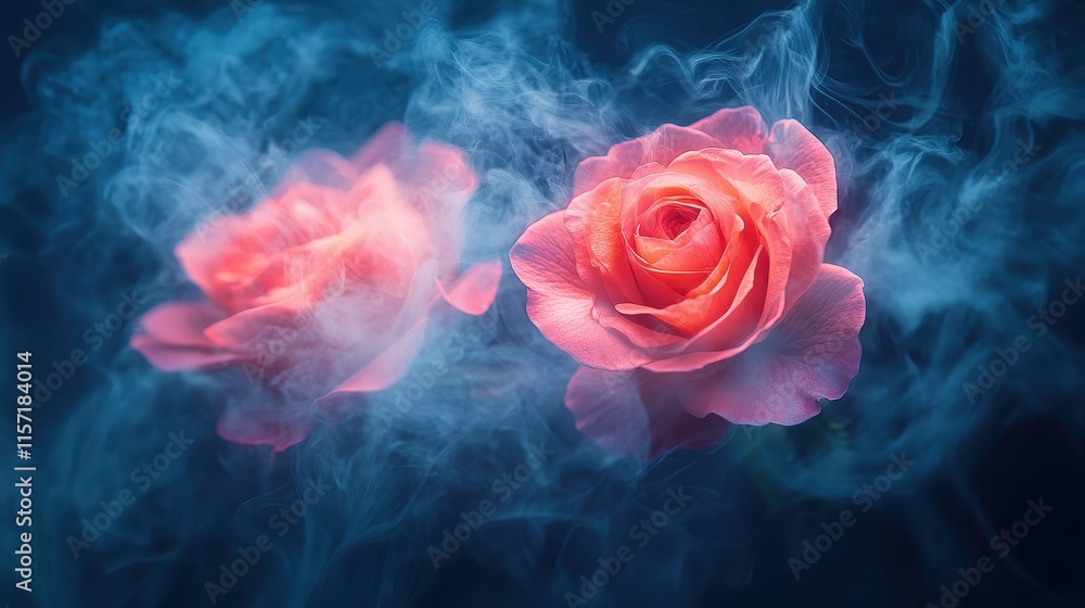 A double exposure photograph of roses and smoke, with a soft-focus lens style, delicate floral patterns, and a pink color scheme. A double exposure photograph of roses and smoke, with a soft-focus lens style, delicate floral patterns, and a pink color scheme.