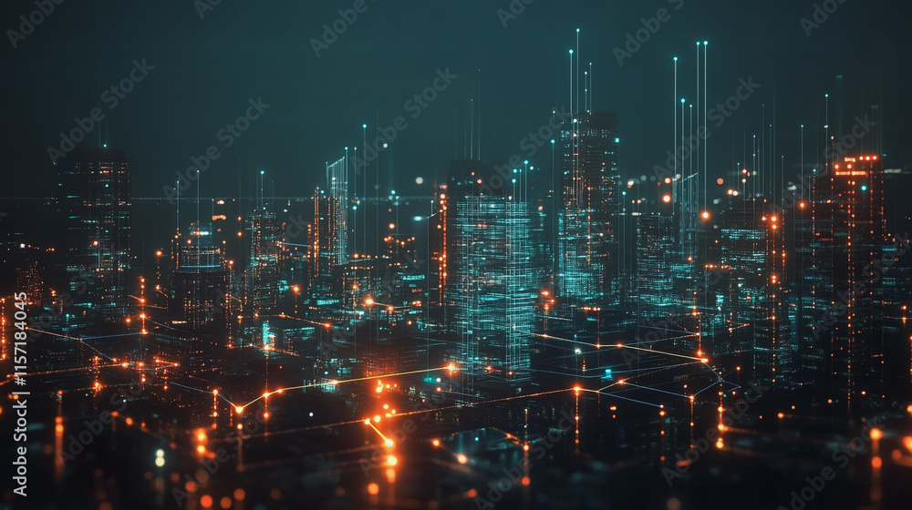 Smart digital Innovation city with connection network reciprocity over the cityscape. of future smart wireless digital city and social media networking systems that connects people with in city Smart digital Innovation city with connection network reciprocity over the cityscape. of future smart wireless digital city and social media networking systems that connects people with in city