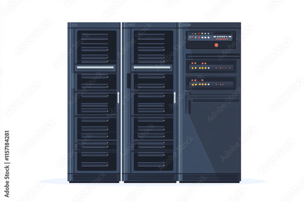 Shot of Data Center With Multiple Rows of Fully Operational Server Racks. Modern Telecommunications, Artificial Intelligence, Supercomputer Technology Concept. Shot of Data Center With Multiple Rows of Fully Operational Server Racks. Modern Telecommunications, Artificial Intelligence, Supercomputer Technology Concept.