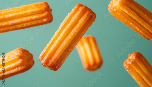 Delicious churros floating against a vibrant backdrop. photo