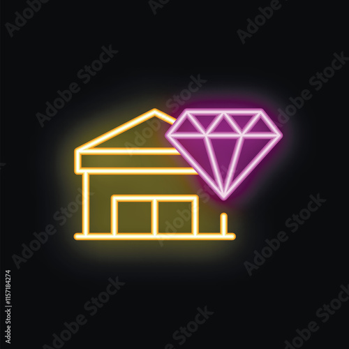 Neon sign representing a pawn shop, with a glowing diamond above the building, on a black background
