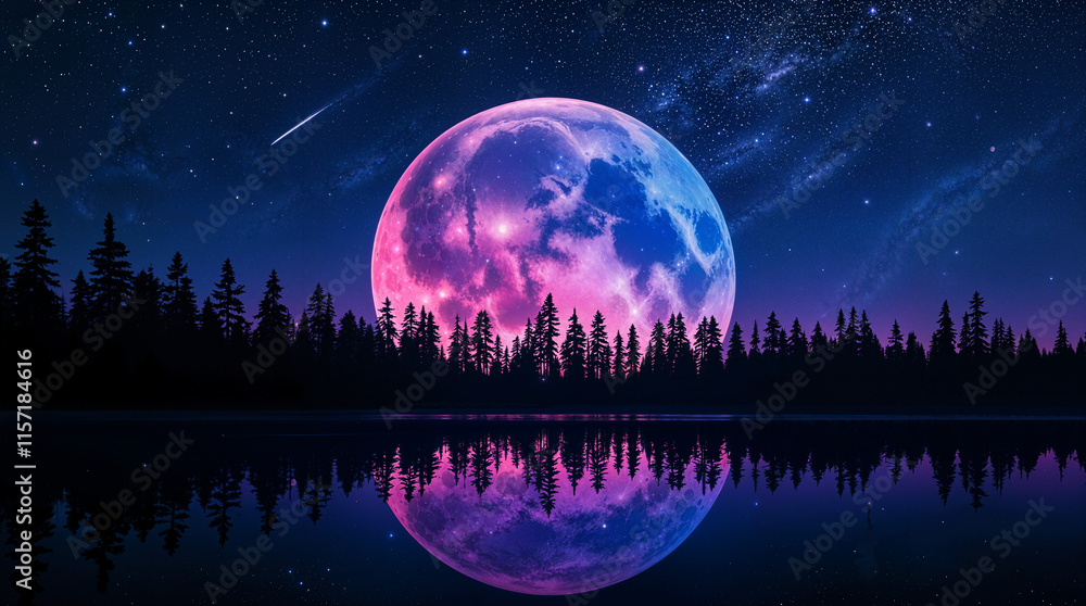 Fototapeta premium Pink Moon Night Serene Lake, Starry Sky, Shooting Star, Forest Silhouette