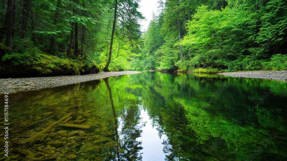 Enchanting Evergreen Forest Oasis with Serene Reflective Lake and Moss Covered Rocks Enchanting Evergreen Forest Oasis with Serene Reflective Lake and Moss Covered Rocks