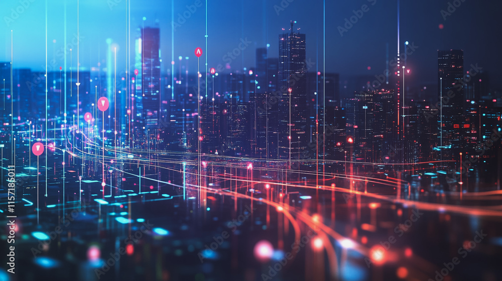 Fototapeta premium Smart digital Innovation city with connection network reciprocity over the cityscape. of future smart wireless digital city and social media networking systems that connects people with in city