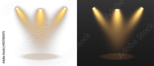 Golden spotlight shines on transparent background. Glowing light effect. Scene spotlight on stage. Spotlight PNG. Vector lights: source, studio, walls. PNG file.