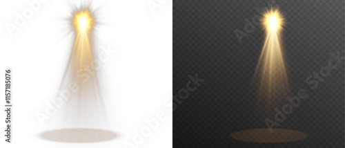 Golden spotlight shines on transparent background. Glowing light effect. Scene spotlight on stage. Spotlight PNG. Vector lights: source, studio, walls. PNG file.