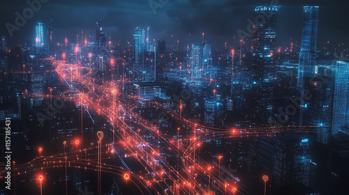 Wallpaper Mural Smart digital Innovation city with connection network reciprocity over the cityscape. of future smart wireless digital city and social media networking systems that connects people with in city Torontodigital.ca