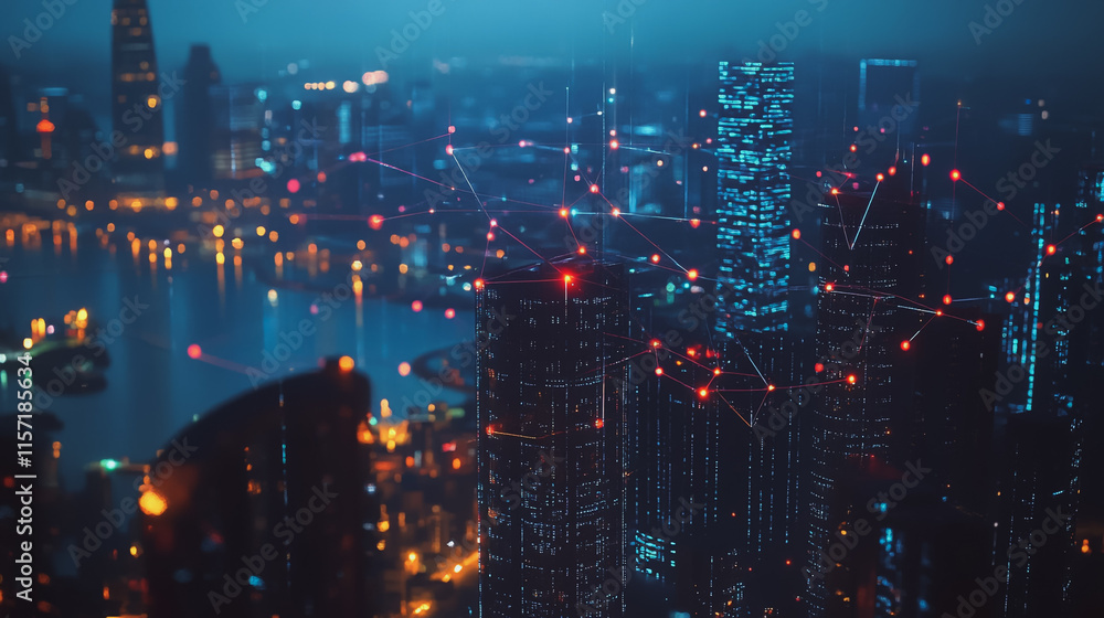 Fototapeta premium Smart digital Innovation city with connection network reciprocity over the cityscape. of future smart wireless digital city and social media networking systems that connects people with in city
