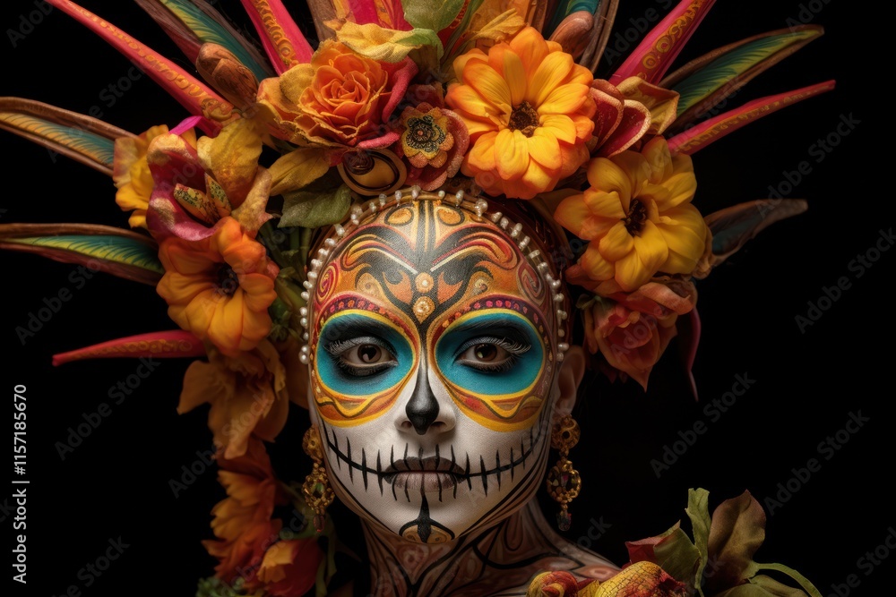 A dynamic representation of a woman in traditional Day of the Dead makeup, her face painted in intricate skeleton designs and bright colors. She wears a beautifully crafted dress adorned A dynamic representation of a woman in traditional Day of the Dead makeup, her face painted in intricate skeleton designs and bright colors. She wears a beautifully crafted dress adorned