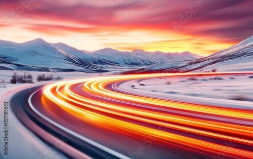 Winter Sunset Snowy Mountain Road Speed Light Trails